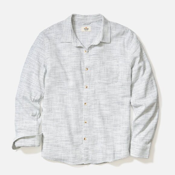 MARINE LAYER Long Sleeve Striped Button Front Shirt, Chambray/Navy Stripe, M - Picture 1 of 10